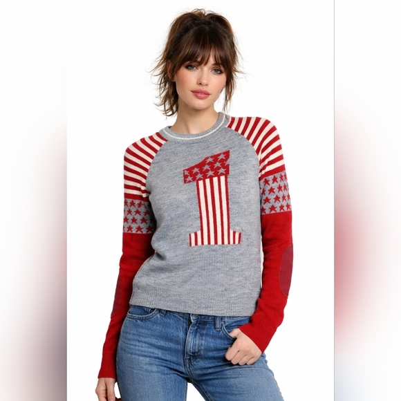 Sweaters - New Vintage Knit Sweater Red Grey White Stars Stripes 1 Small Sharagano?  France